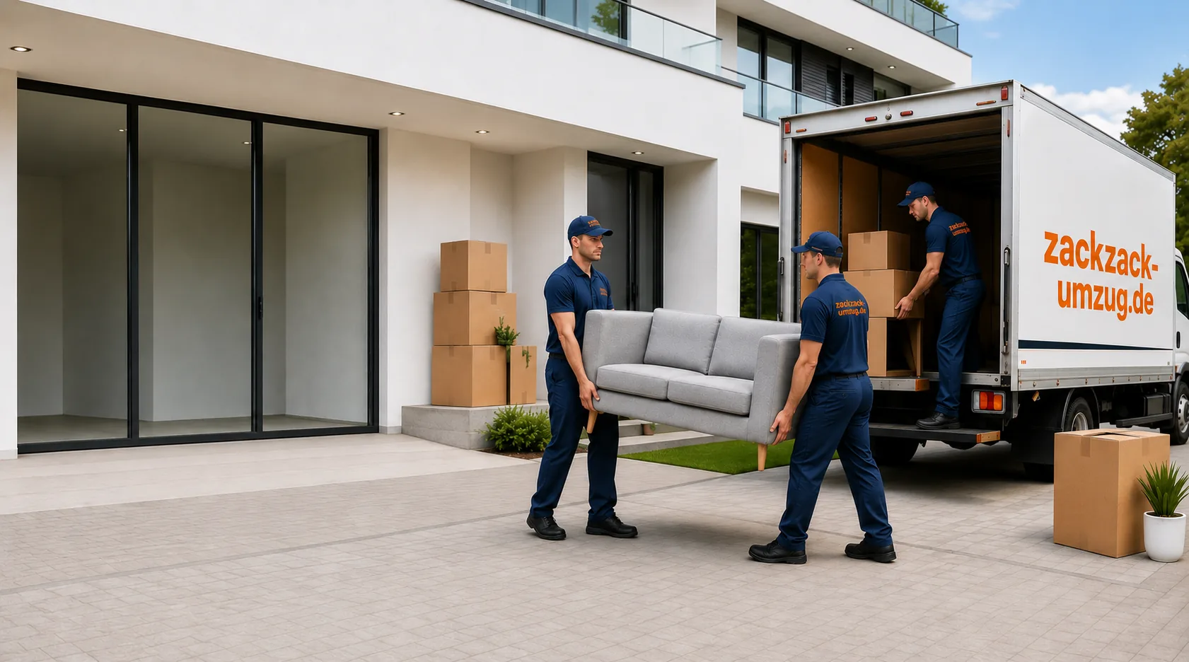 Drei Umzugshelfer in ZackZack-Arbeitskleidung tragen ein Sofa und Kartons zu einem beladenen Umzugswagen vor einem modernen Wohnhaus